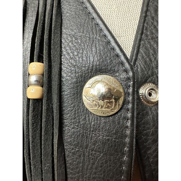 S.P. Leathers Buffalo Nickel Snap Bikers Vest Black Fringe Native Beadwork 10-12 - Picture 10 of 13